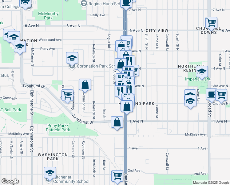 map of restaurants, bars, coffee shops, grocery stores, and more near 323 Angus Street in Regina