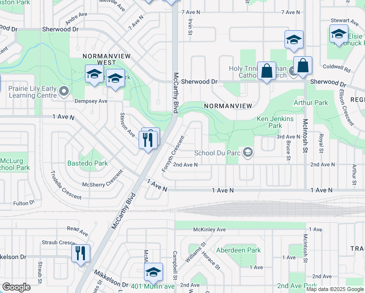 map of restaurants, bars, coffee shops, grocery stores, and more near 36 Eden Avenue in Regina