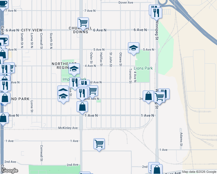 map of restaurants, bars, coffee shops, grocery stores, and more near 324 Saint John Street in Regina