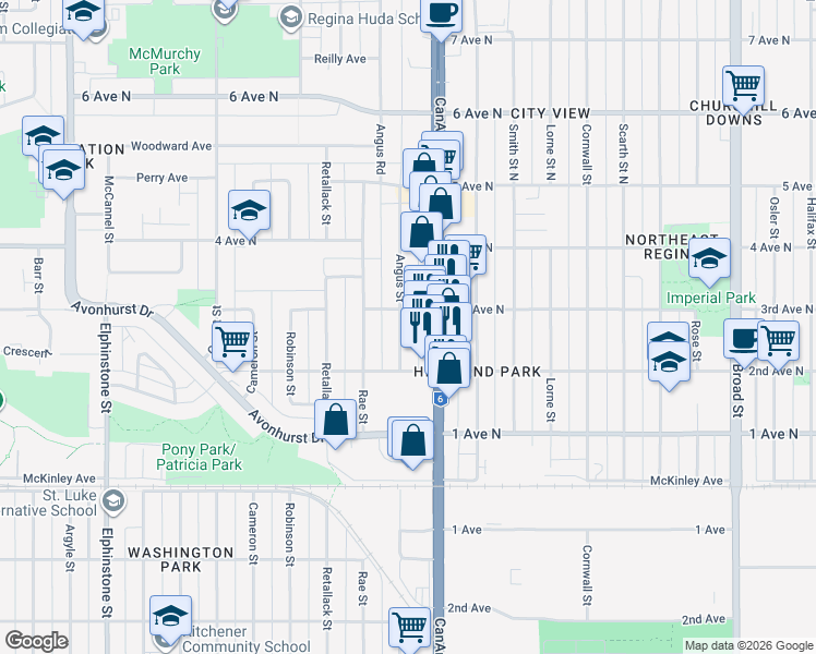 map of restaurants, bars, coffee shops, grocery stores, and more near 323 Angus Street in Regina