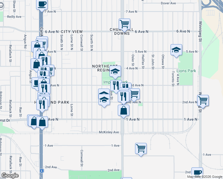 map of restaurants, bars, coffee shops, grocery stores, and more near 318 Rose Street in Regina