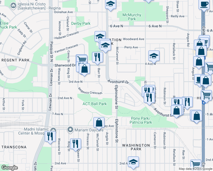map of restaurants, bars, coffee shops, grocery stores, and more near 3525 Avonhurst Drive in Regina