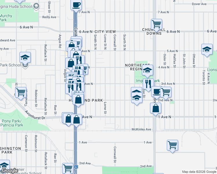 map of restaurants, bars, coffee shops, grocery stores, and more near 311 Lorne Street in Regina