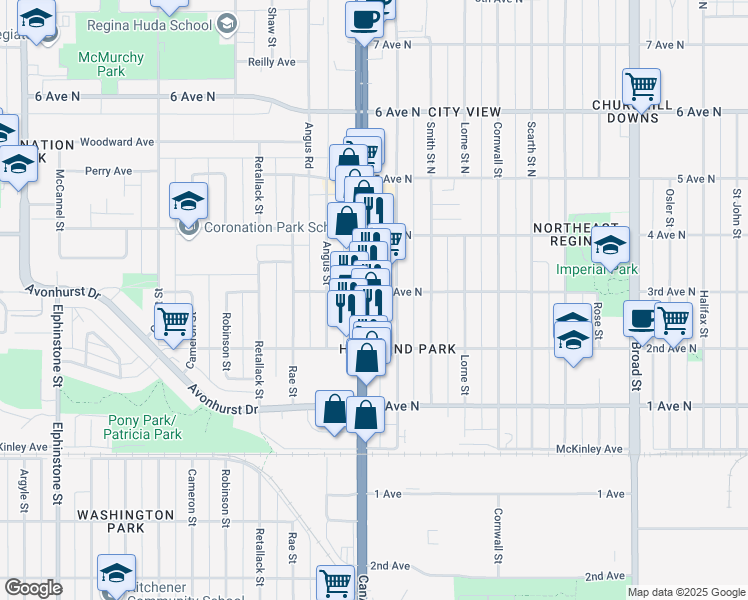 map of restaurants, bars, coffee shops, grocery stores, and more near 303 Albert Street in Regina