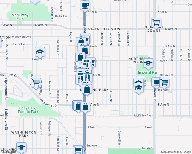 map of restaurants, bars, coffee shops, grocery stores, and more near 309 McIntyre Street in Regina