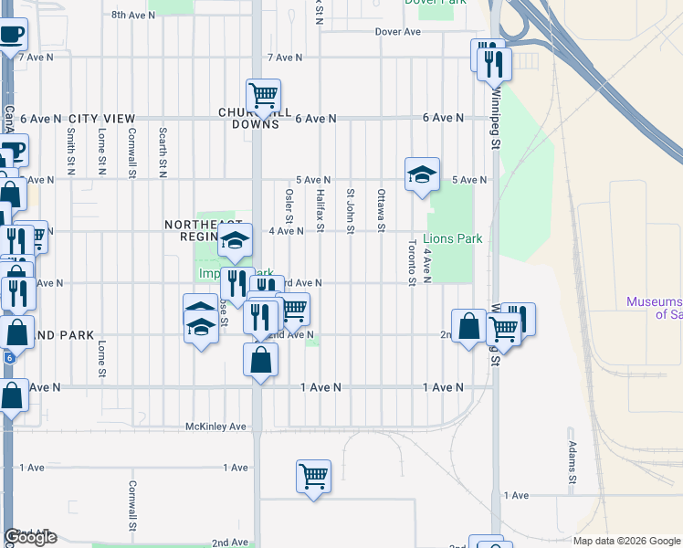 map of restaurants, bars, coffee shops, grocery stores, and more near 324 Saint John Street in Regina
