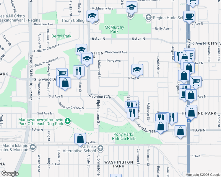 map of restaurants, bars, coffee shops, grocery stores, and more near 48 Mathieu Crescent in Regina