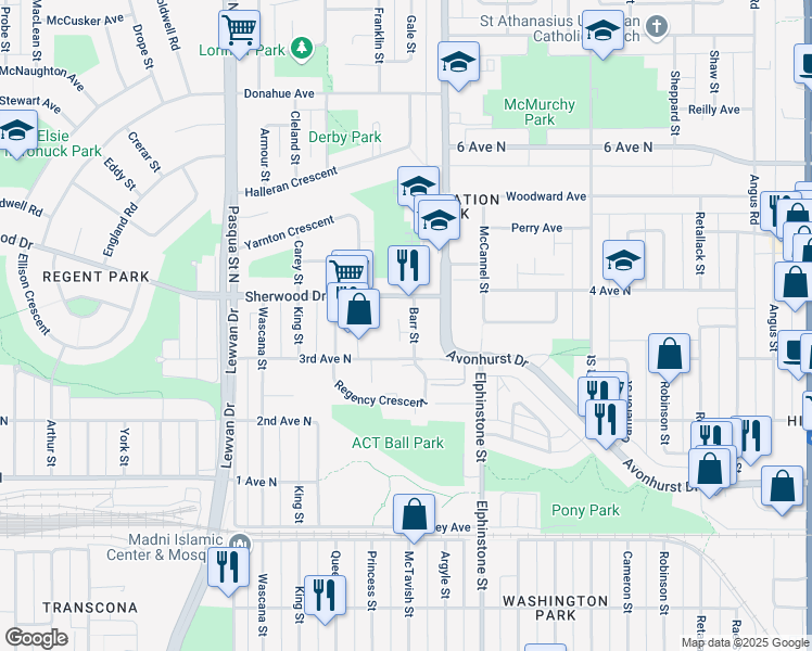 map of restaurants, bars, coffee shops, grocery stores, and more near 12 Barr Street in Regina