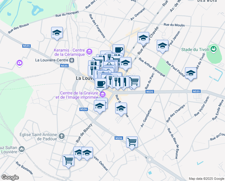 map of restaurants, bars, coffee shops, grocery stores, and more near 8 Rue Sylvain Guyaux in La Louviere