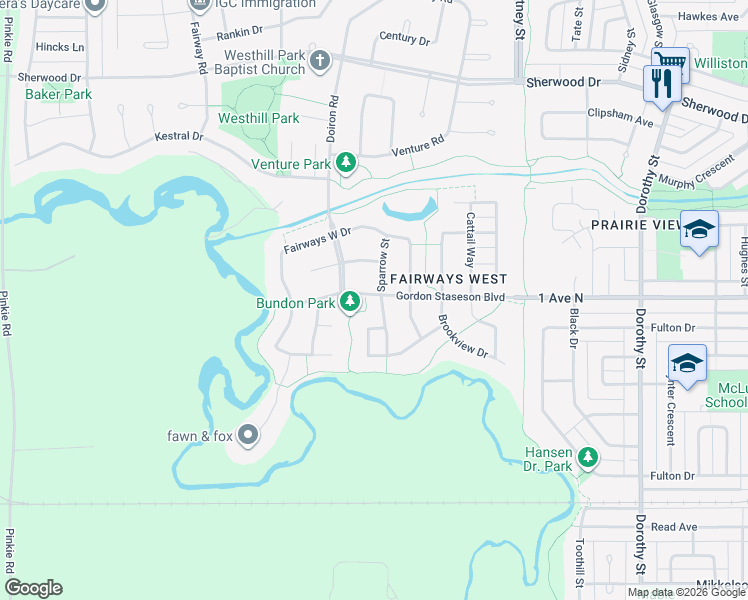 map of restaurants, bars, coffee shops, grocery stores, and more near 202 Prairie View Drive in Regina