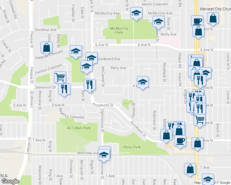 map of restaurants, bars, coffee shops, grocery stores, and more near 48 Mathieu Crescent in Regina