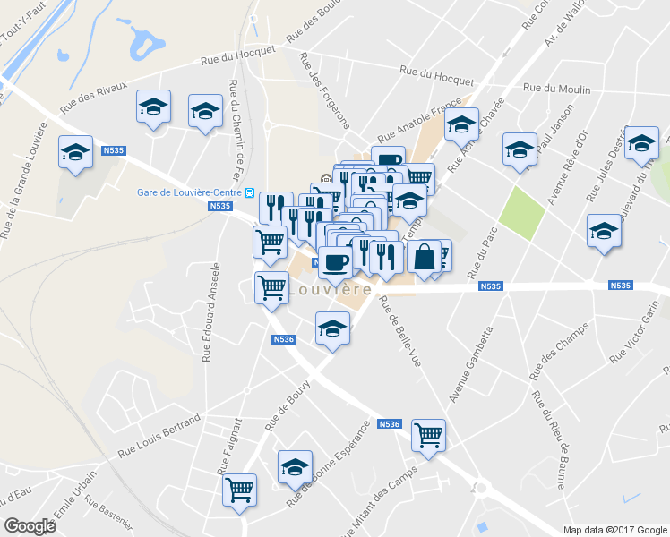 map of restaurants, bars, coffee shops, grocery stores, and more near 31 Rue Sylvain Guyaux in La Louviere