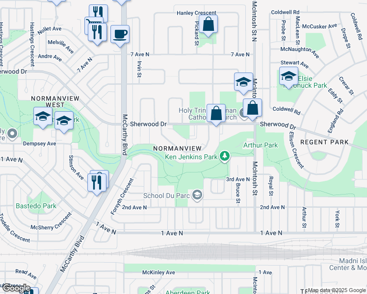 map of restaurants, bars, coffee shops, grocery stores, and more near 96 Hanbidge Crescent in Regina