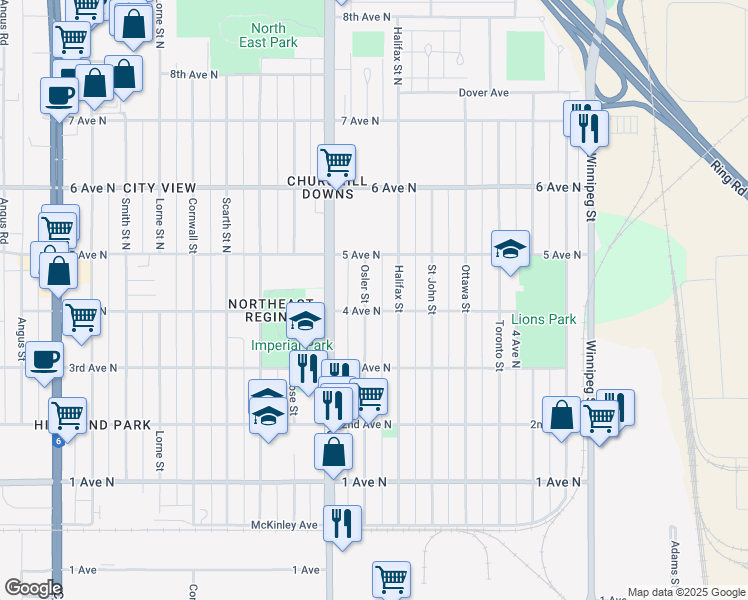 map of restaurants, bars, coffee shops, grocery stores, and more near 126 Halifax Street in Regina