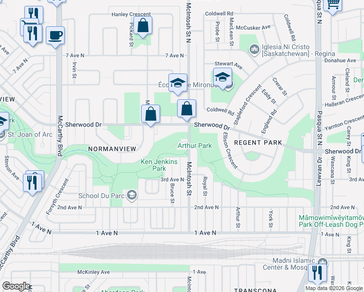 map of restaurants, bars, coffee shops, grocery stores, and more near 160 McIntosh Street in Regina