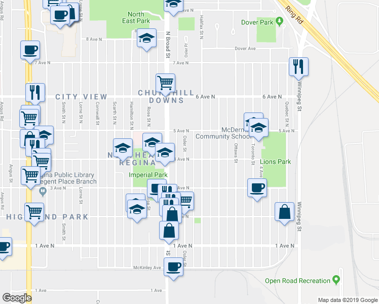 map of restaurants, bars, coffee shops, grocery stores, and more near 126 Halifax Street in Regina
