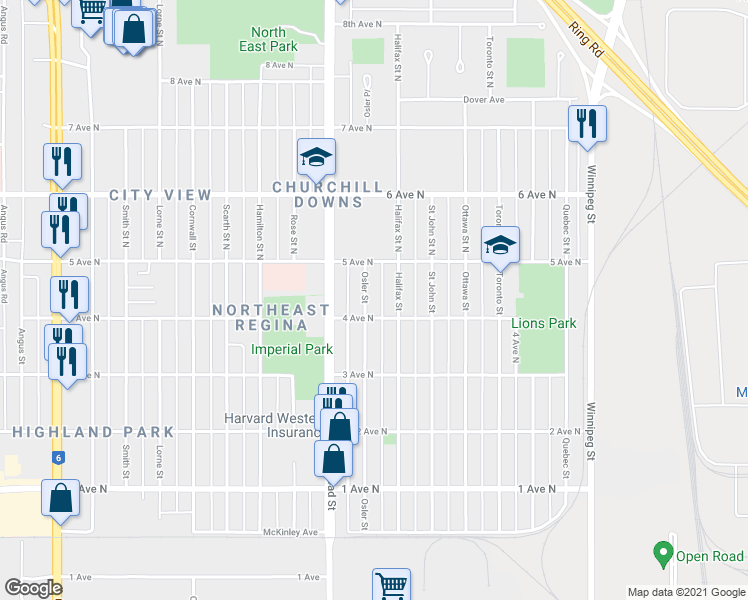 map of restaurants, bars, coffee shops, grocery stores, and more near 126 Halifax Street in Regina