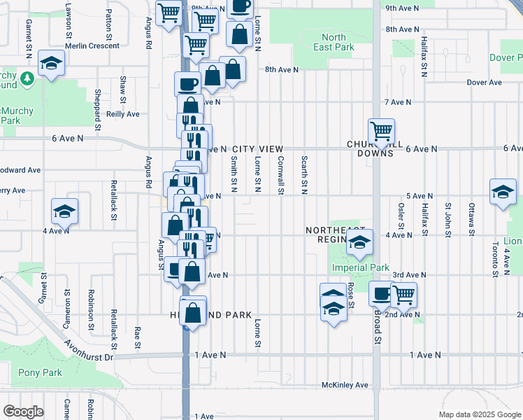 map of restaurants, bars, coffee shops, grocery stores, and more near 2221 5 Avenue North in Regina