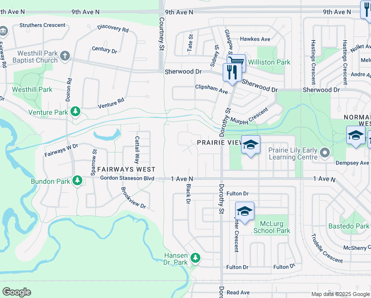 map of restaurants, bars, coffee shops, grocery stores, and more near 7338 1 Avenue North in Regina