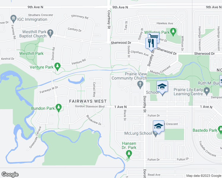 map of restaurants, bars, coffee shops, grocery stores, and more near 7338 1 Avenue North in Regina
