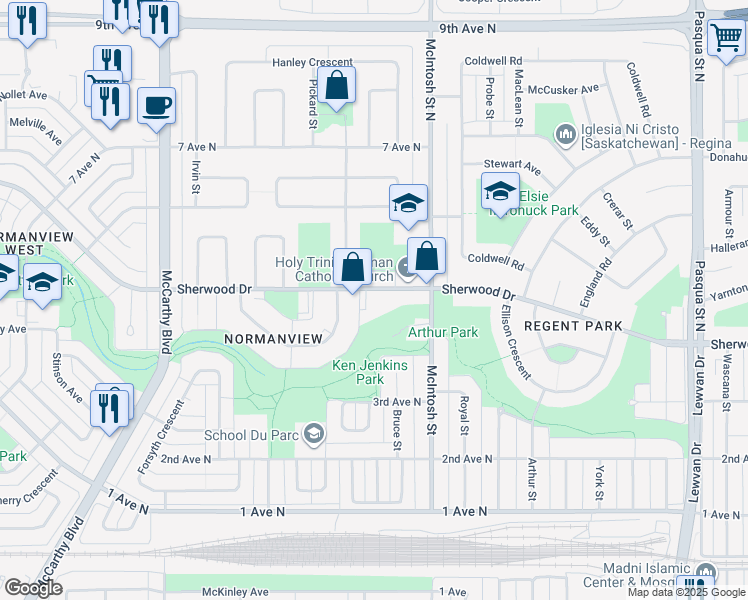 map of restaurants, bars, coffee shops, grocery stores, and more near 5035 Sherwood Drive in Regina