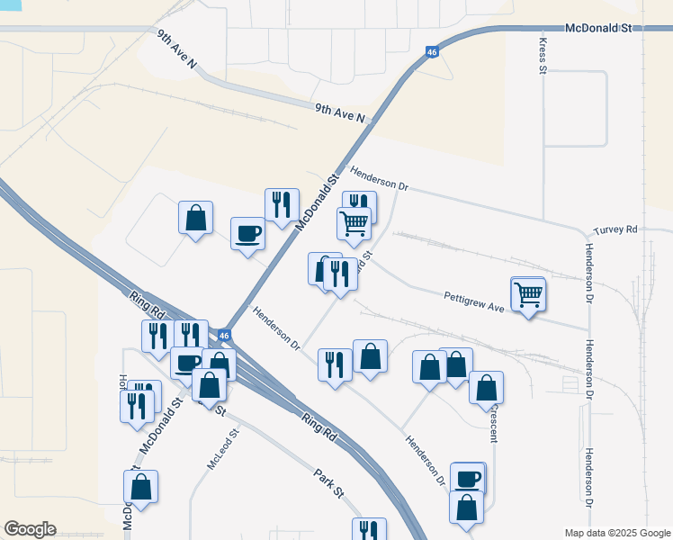 map of restaurants, bars, coffee shops, grocery stores, and more near 210 Leonard Street in Regina