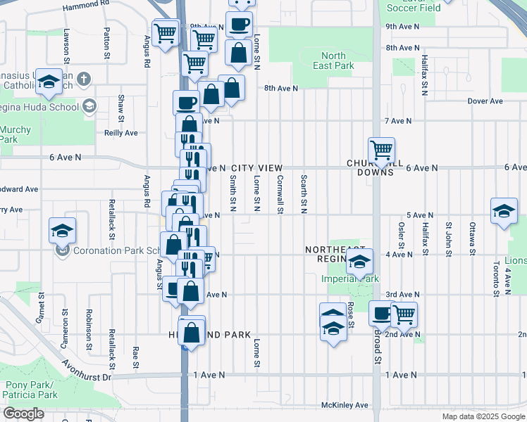 map of restaurants, bars, coffee shops, grocery stores, and more near 2221 5 Avenue North in Regina