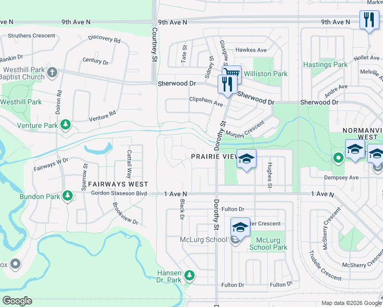 map of restaurants, bars, coffee shops, grocery stores, and more near 1070 Dorothy Street in Regina