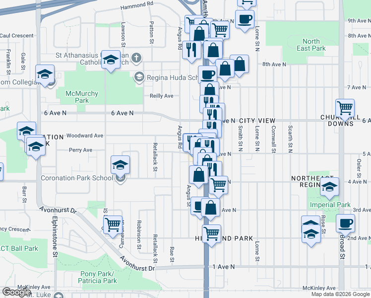 map of restaurants, bars, coffee shops, grocery stores, and more near in Regina