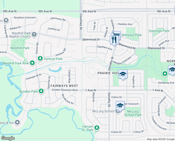 map of restaurants, bars, coffee shops, grocery stores, and more near 1062 Dorothy Street in Regina