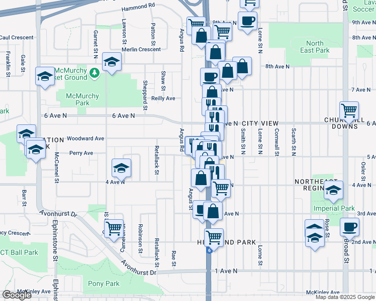 map of restaurants, bars, coffee shops, grocery stores, and more near in Regina
