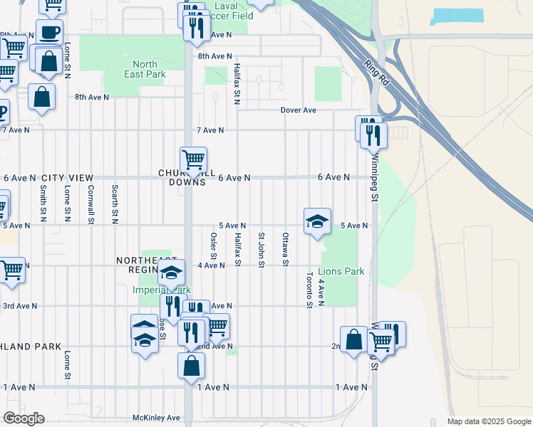 map of restaurants, bars, coffee shops, grocery stores, and more near 111 Saint John Street North in Regina