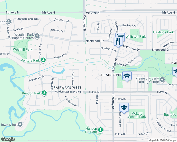 map of restaurants, bars, coffee shops, grocery stores, and more near 1066 Dorothy Street in Regina