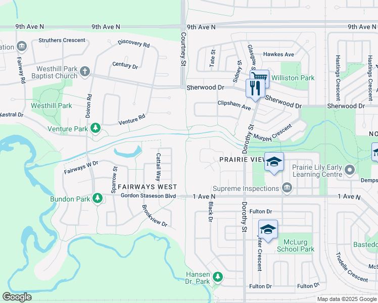 map of restaurants, bars, coffee shops, grocery stores, and more near 1066 Dorothy Street in Regina