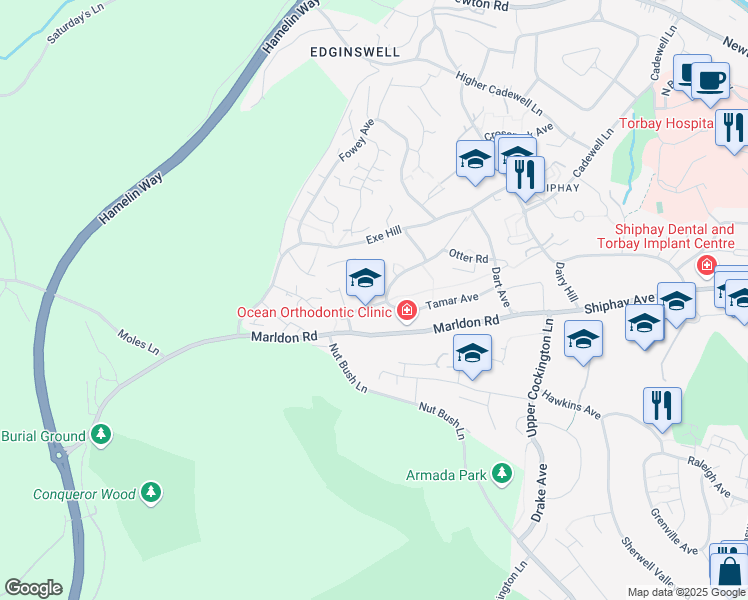 map of restaurants, bars, coffee shops, grocery stores, and more near 117 Torridge Avenue in Torbay