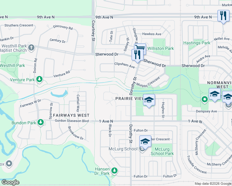 map of restaurants, bars, coffee shops, grocery stores, and more near 1060 Dorothy Street in Regina