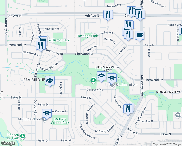 map of restaurants, bars, coffee shops, grocery stores, and more near 6208 Sherwood Drive in Regina