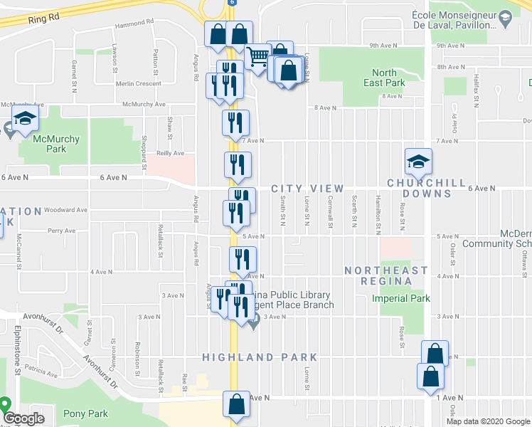 map of restaurants, bars, coffee shops, grocery stores, and more near 151 McIntyre Street North in Regina