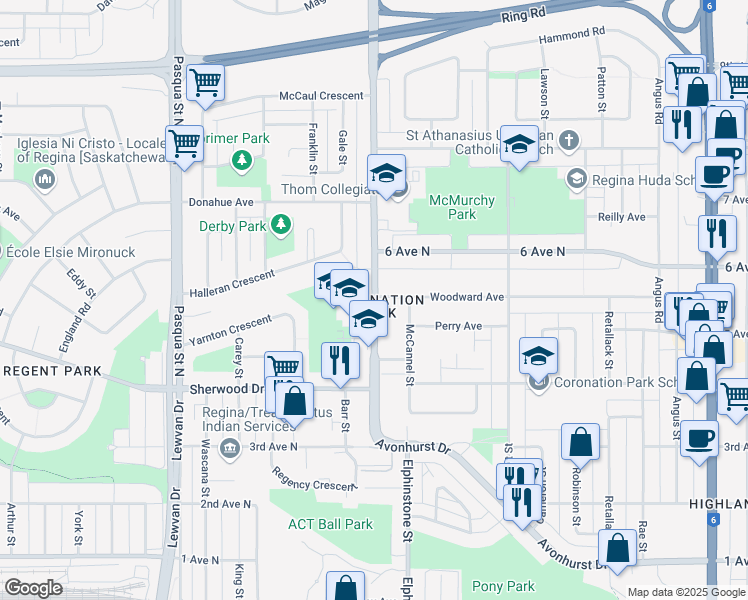 map of restaurants, bars, coffee shops, grocery stores, and more near 100 Argyle Street in Regina