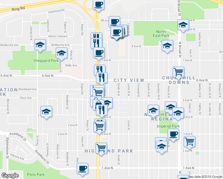 map of restaurants, bars, coffee shops, grocery stores, and more near 151 McIntyre Street North in Regina