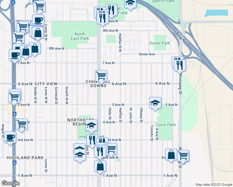 map of restaurants, bars, coffee shops, grocery stores, and more near 150 Halifax Street North in Regina