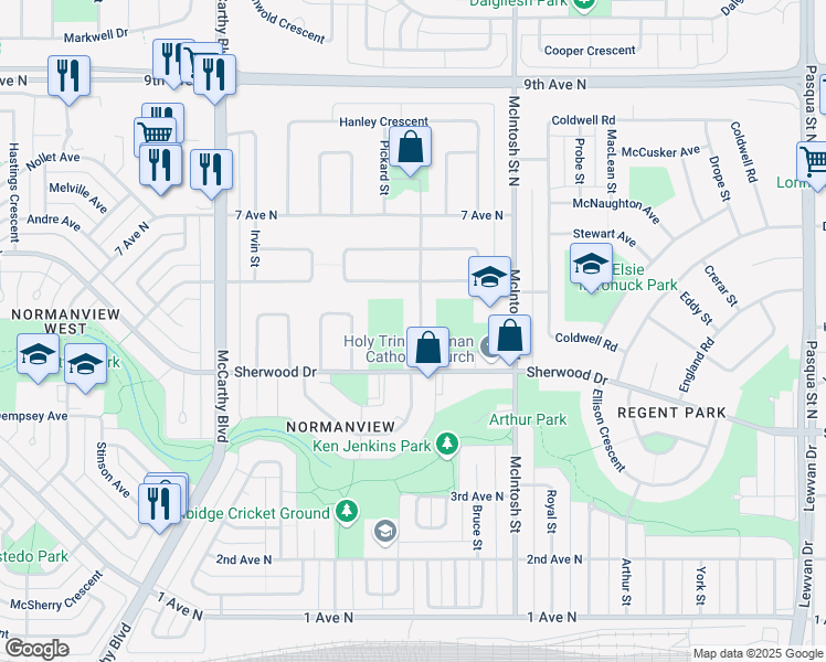 map of restaurants, bars, coffee shops, grocery stores, and more near 124 Milne Street in Regina