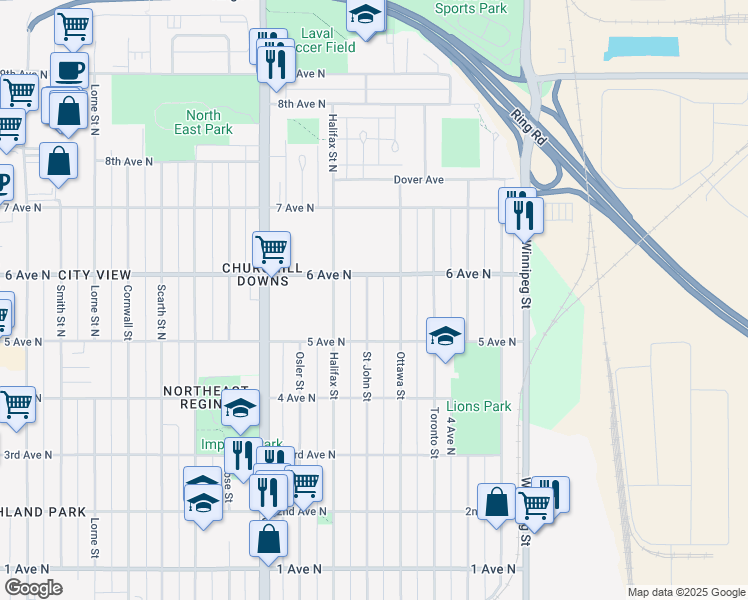 map of restaurants, bars, coffee shops, grocery stores, and more near 143 Saint John Street North in Regina