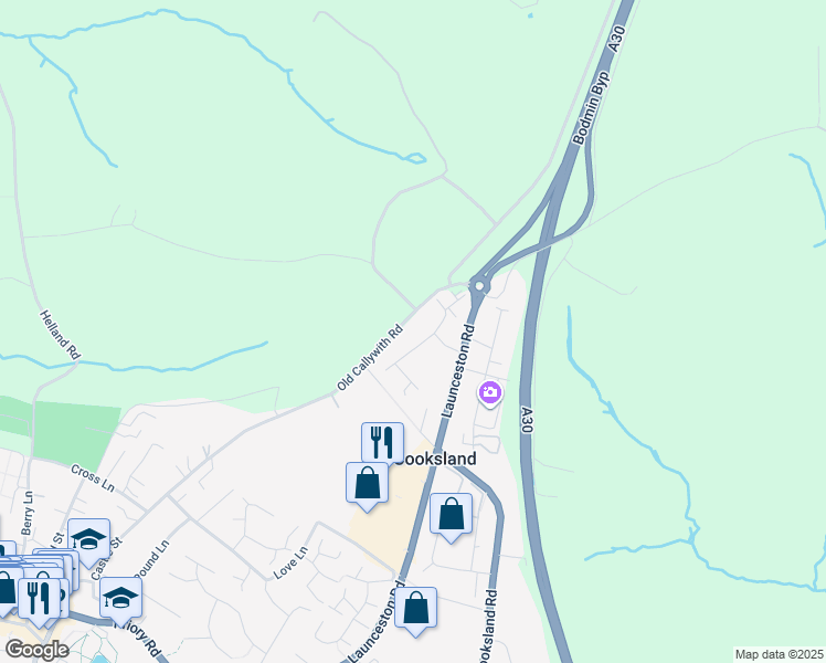 map of restaurants, bars, coffee shops, grocery stores, and more near Launceston Road in Cornwall