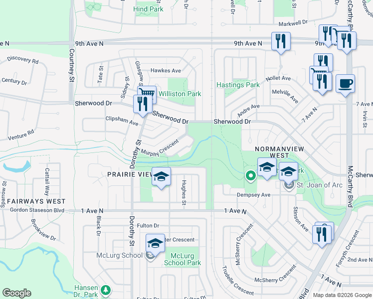 map of restaurants, bars, coffee shops, grocery stores, and more near 43 Lothian Mews in Regina