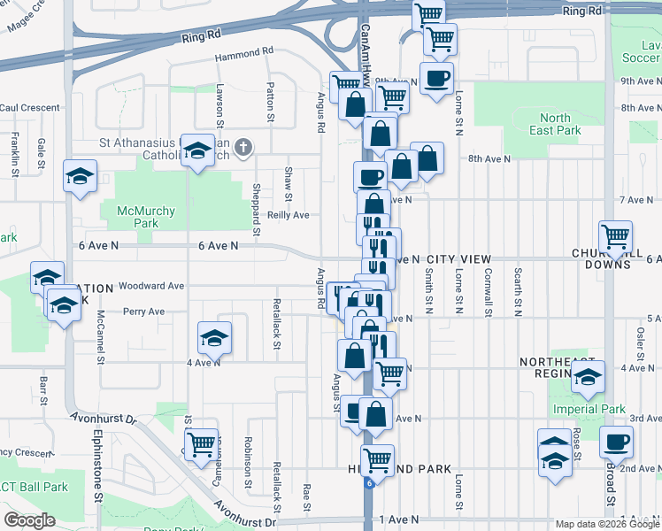 map of restaurants, bars, coffee shops, grocery stores, and more near 31 Angus Road in Regina