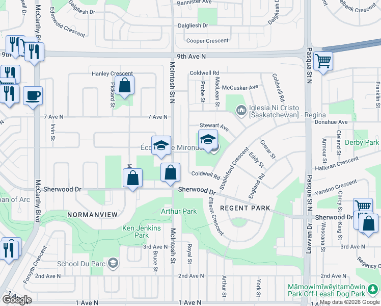 map of restaurants, bars, coffee shops, grocery stores, and more near 83 Coldwell Road in Regina