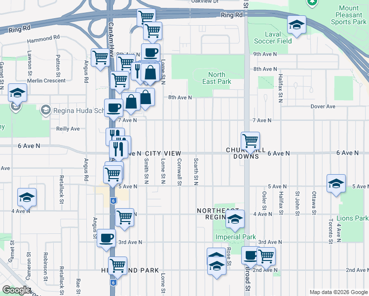 map of restaurants, bars, coffee shops, grocery stores, and more near 211 Cornwall Street North in Regina