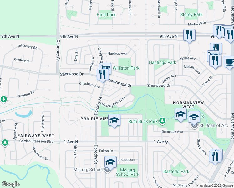 map of restaurants, bars, coffee shops, grocery stores, and more near 34 Hayes Crescent in Regina