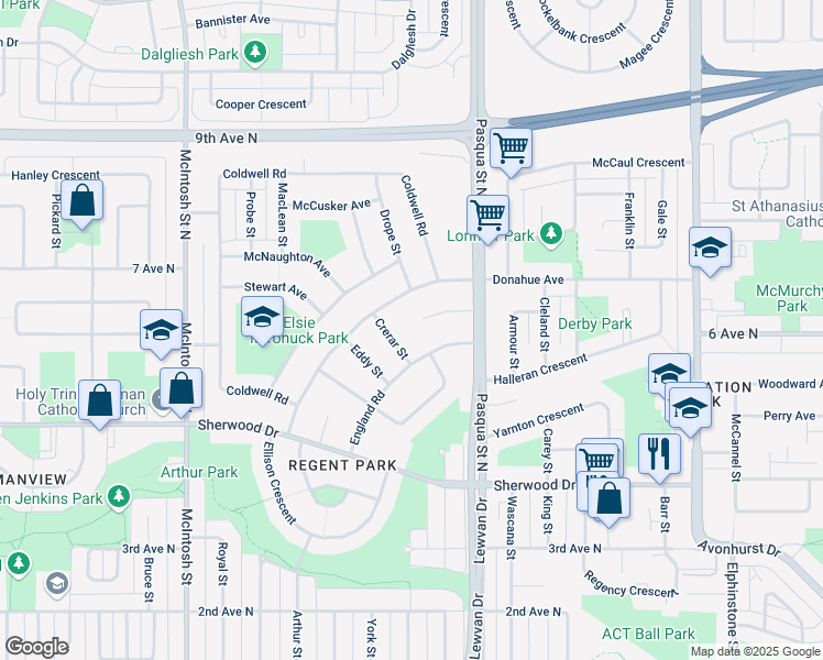 map of restaurants, bars, coffee shops, grocery stores, and more near 4327 Richmond Place in Regina
